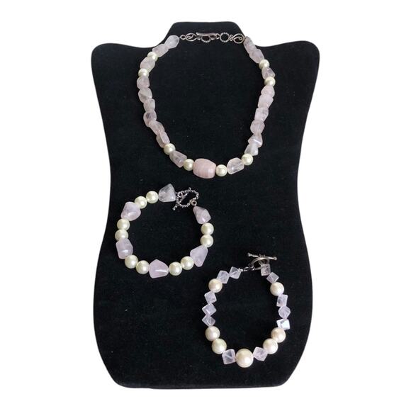 Handmade Vintage Inspired Faux Pearl Pink Gemstones Necklace & Two Bracelets Set - Picture 15 of 16